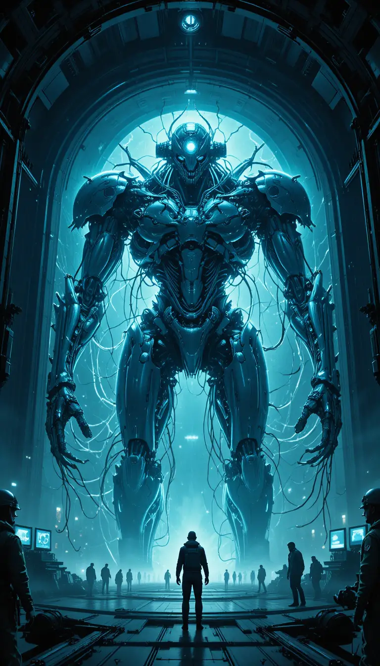 Biomechanischer Mecha erwacht in einem riesigen Sci‑Fi‑Hangar