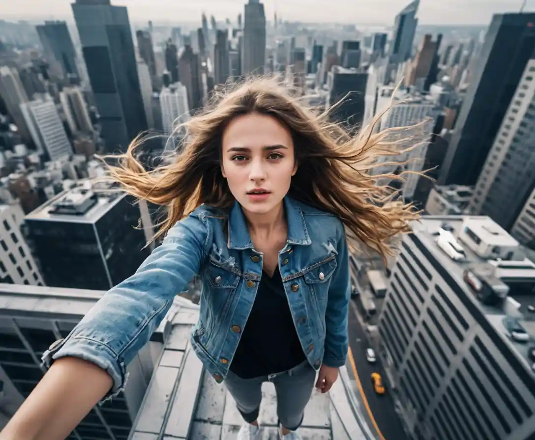 Young woman taking a selfie on a city skyscraper rooftop