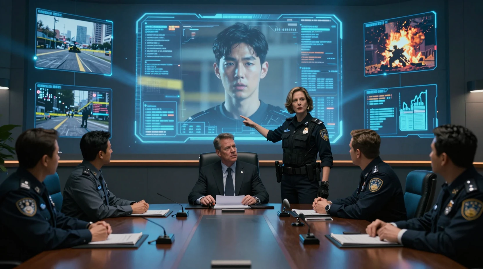 Tense emergency briefing in a futuristic city hall conference room