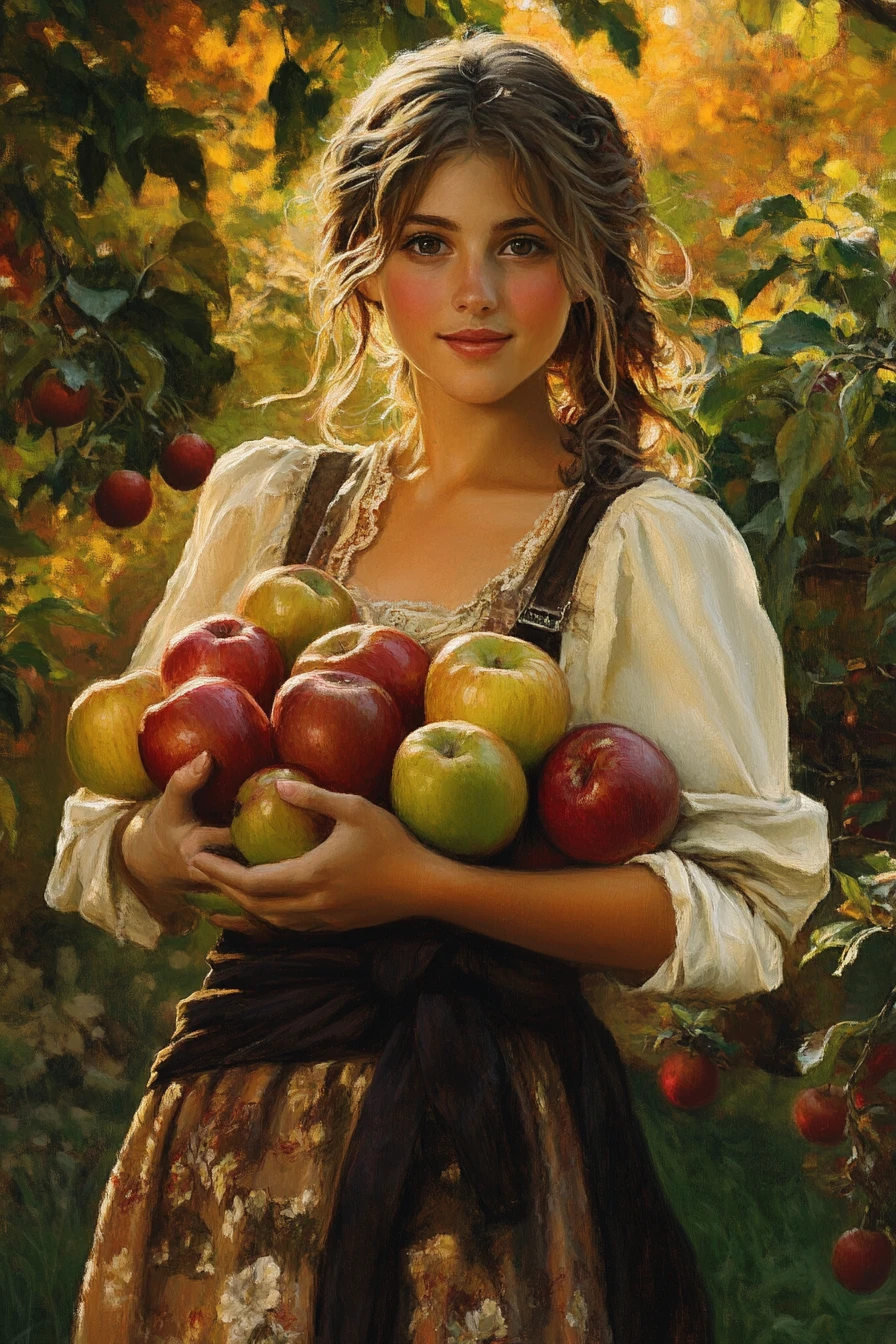 Woman carrying apples in a sunlit autumn orchard