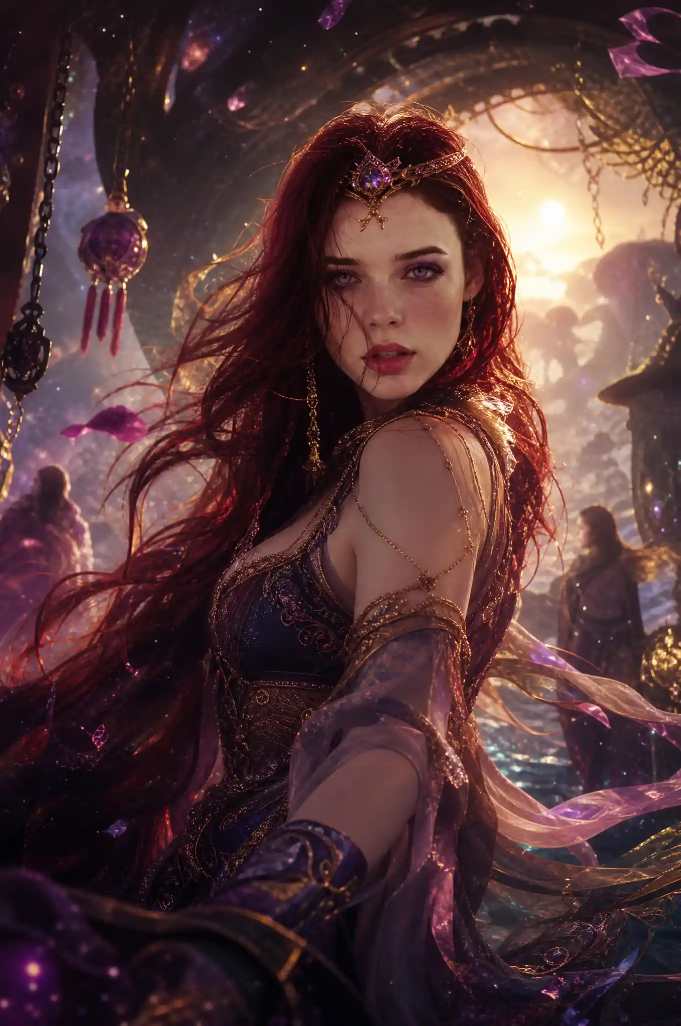 Mystical enchantress entering a vibrant fantastical realm