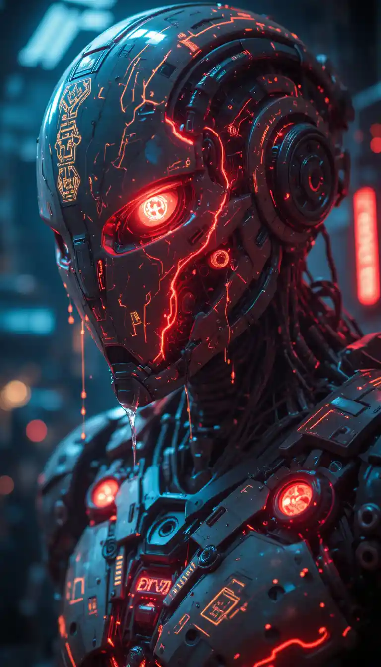 Biomechanical cyborg head igniting with neural bioluminescent power