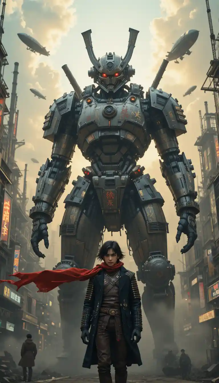 Colossal samurai mecha towers over pilot in smoky city