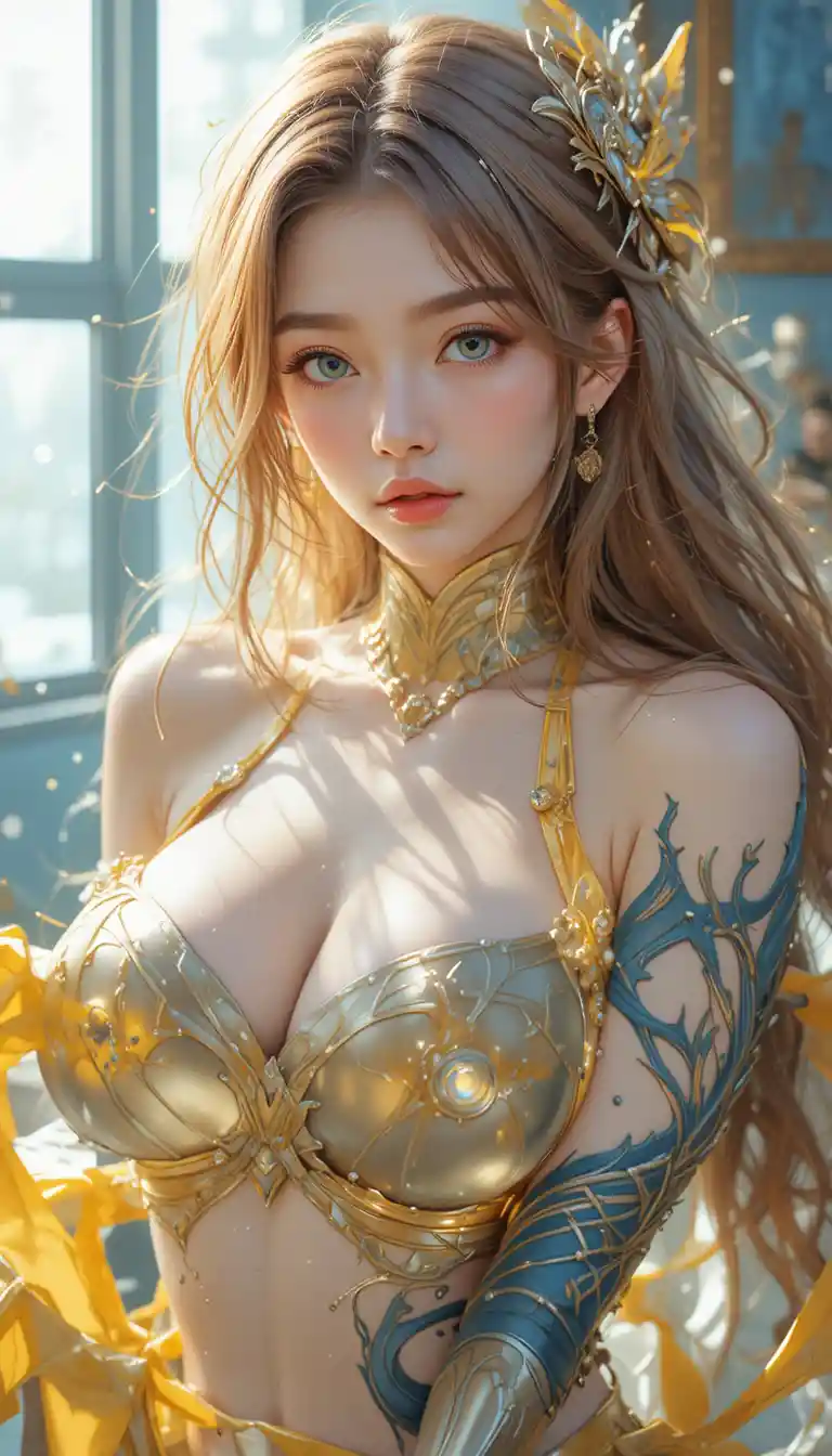Cute anime girl with wide chest in dynamic cover pose