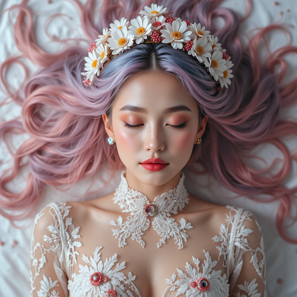 Top down portrait of a serene woman with pastel hair