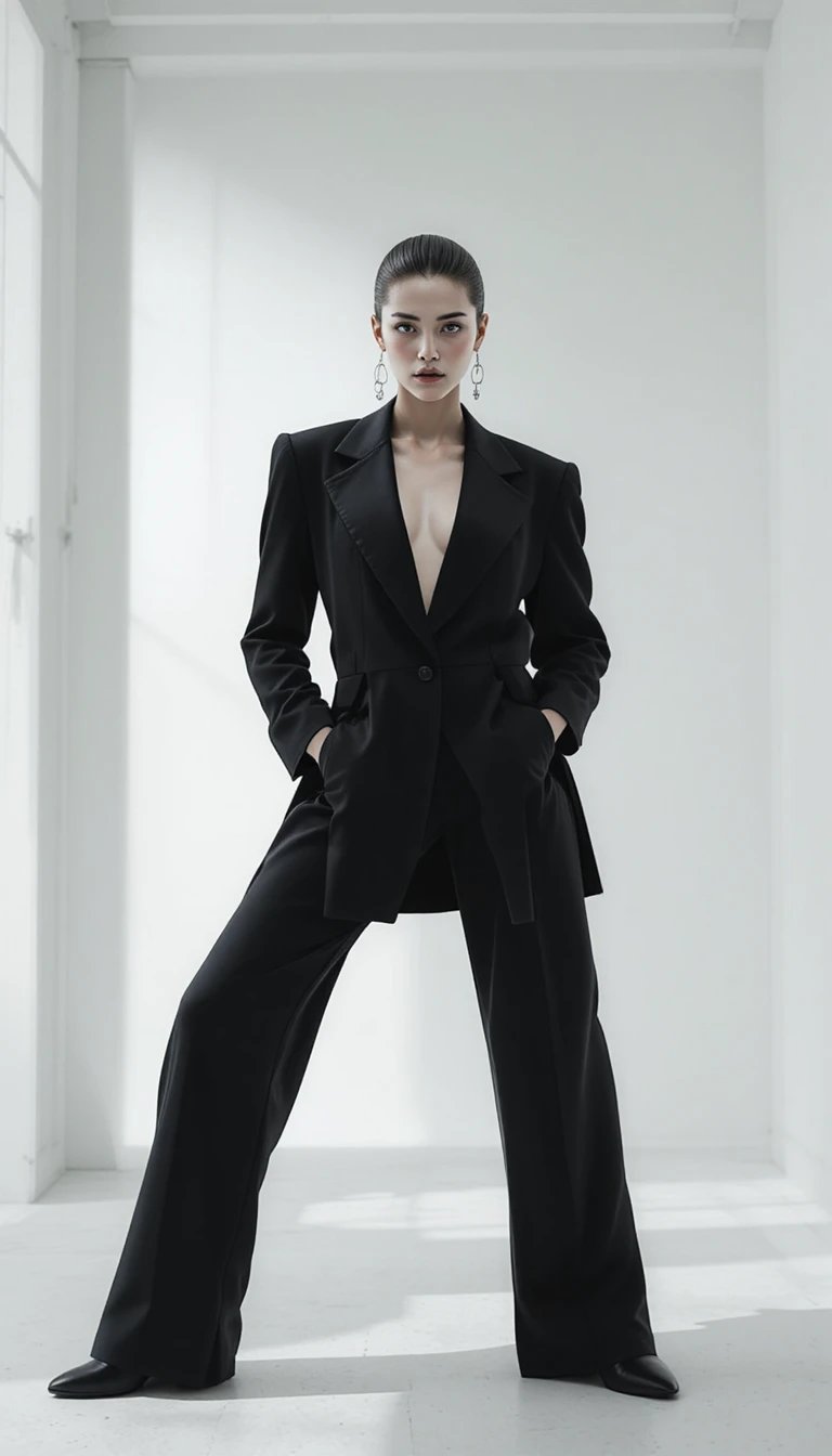 Androgynous model in black blazer in white studio