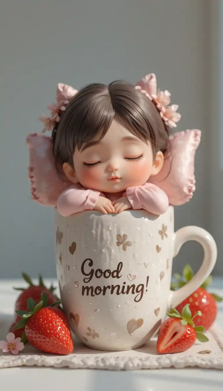 Chibi girl relaxing above a creamy latte cup