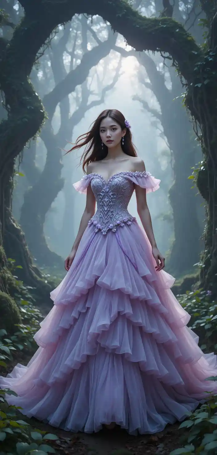 Elegant woman in orchid gown in mystical forest
