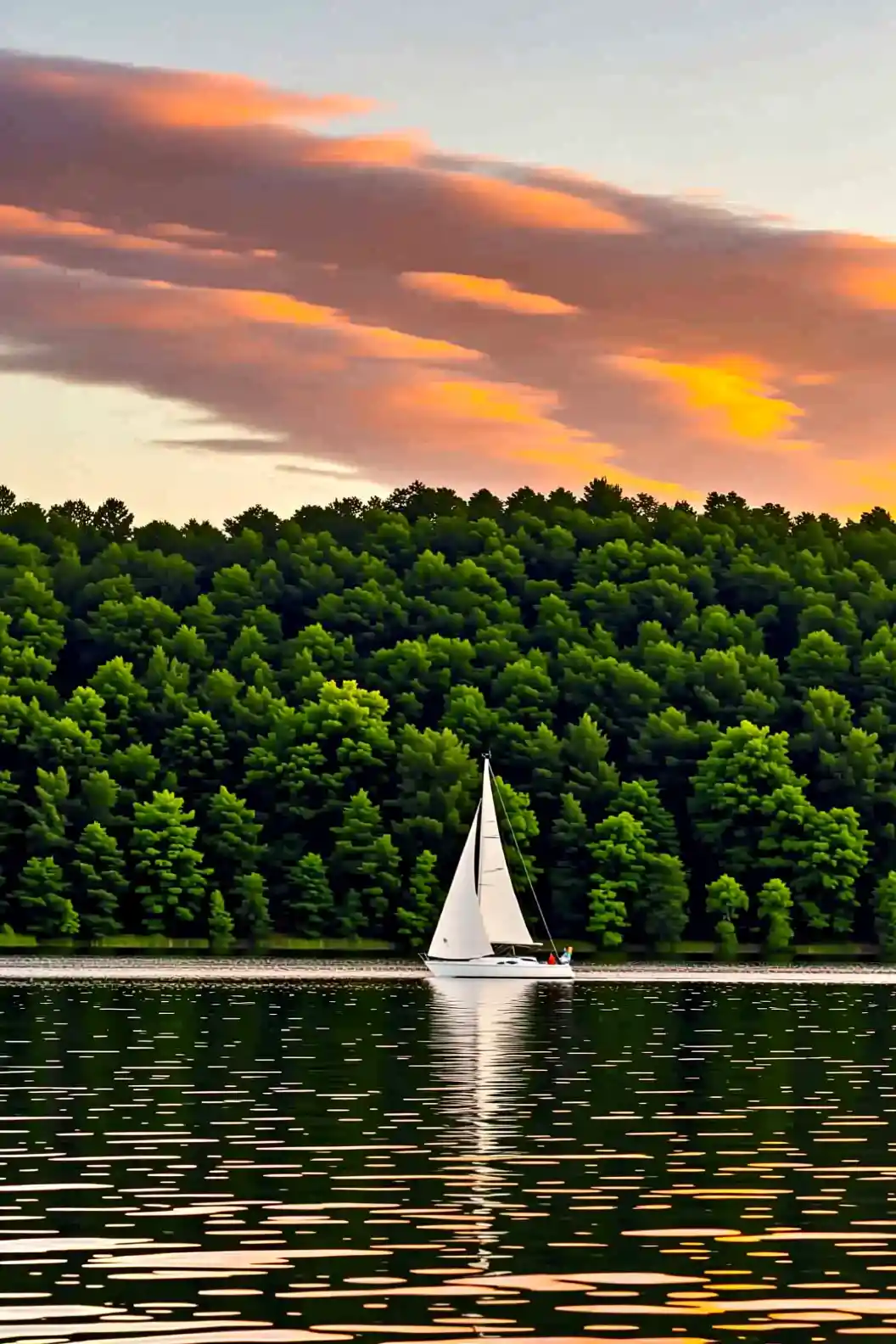 Sailboat On Tranquil Lake At Golden Summer Sunset