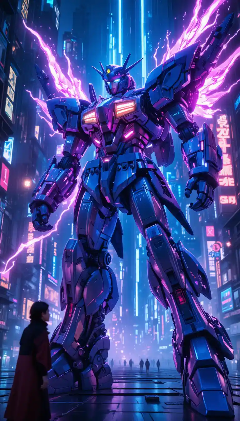 Giant anime mecha transforming from jet in neon city