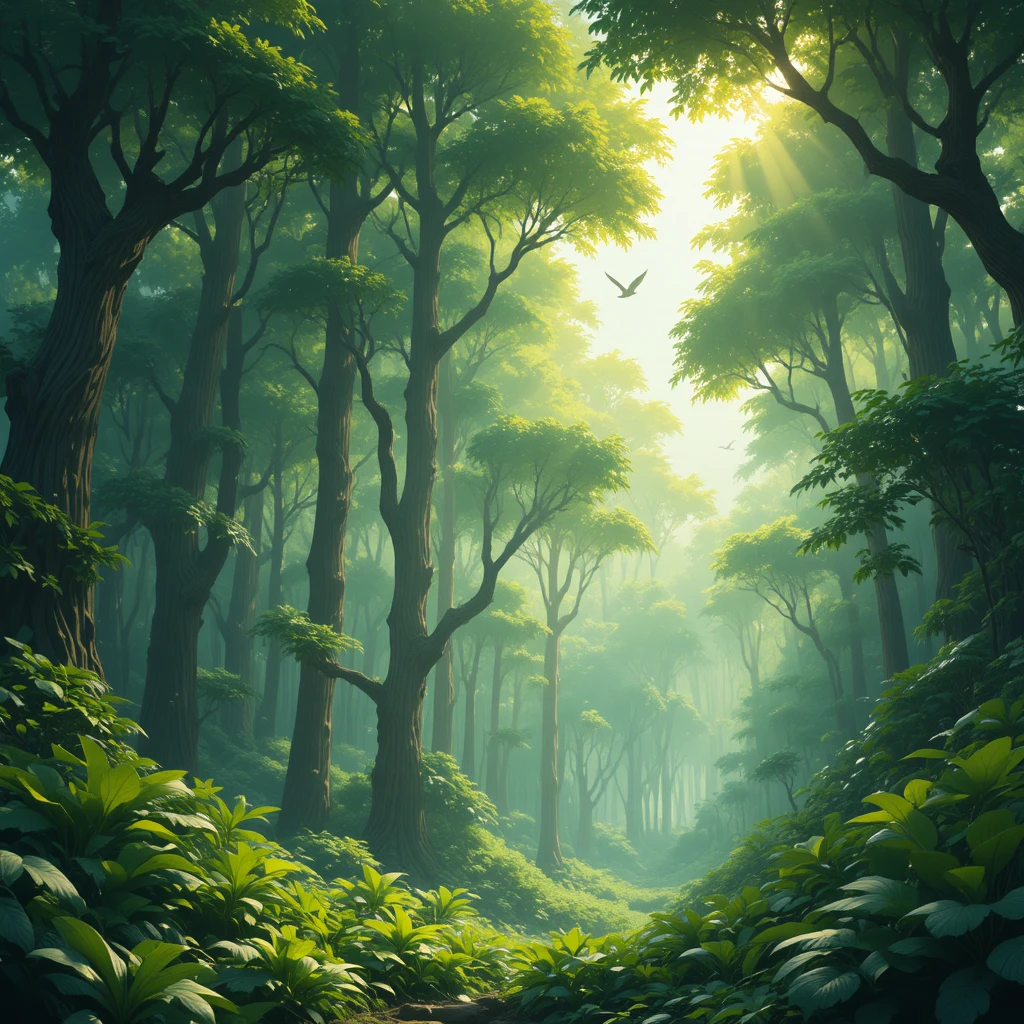 Sunlit jungle with tall green trees and flying birds