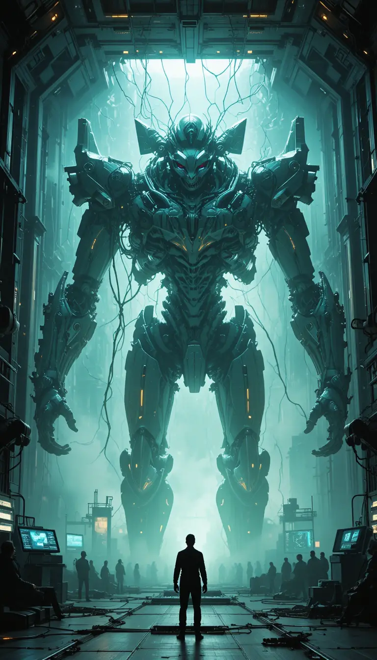 Biomechanischer Mecha erwacht in riesigem Sci‑Fi-Hangar