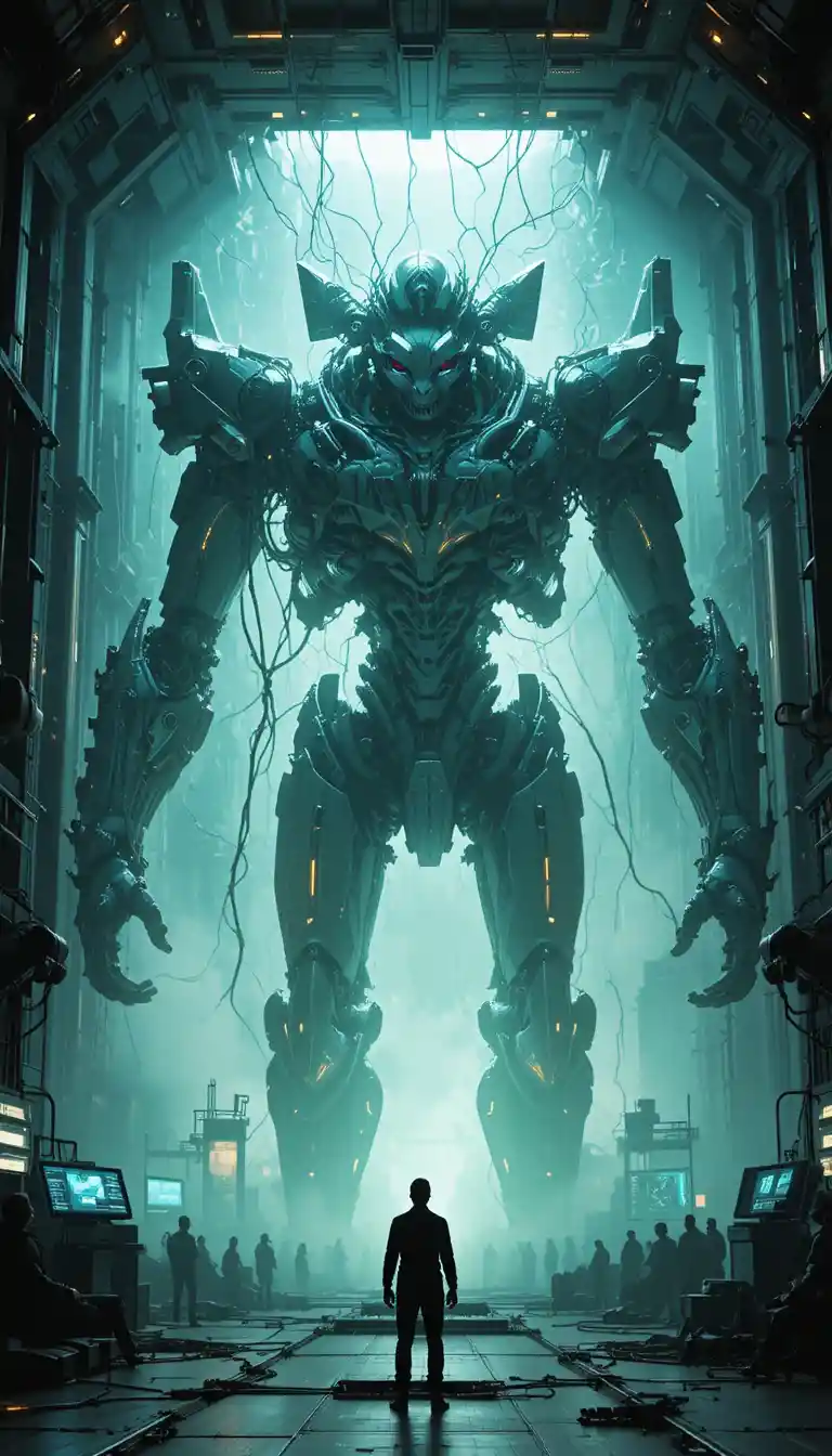 Bio mechanical mecha awakening in vast sci fi hangar