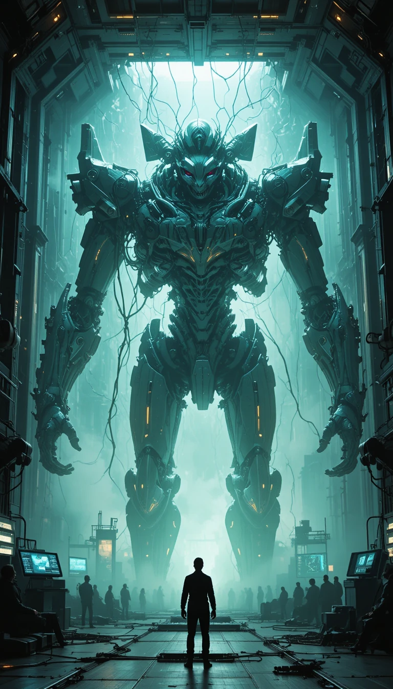Bio mechanical mecha awakening in vast sci fi hangar