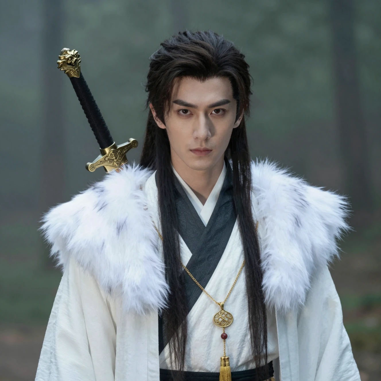 Young man in white robe with sword in misty forest