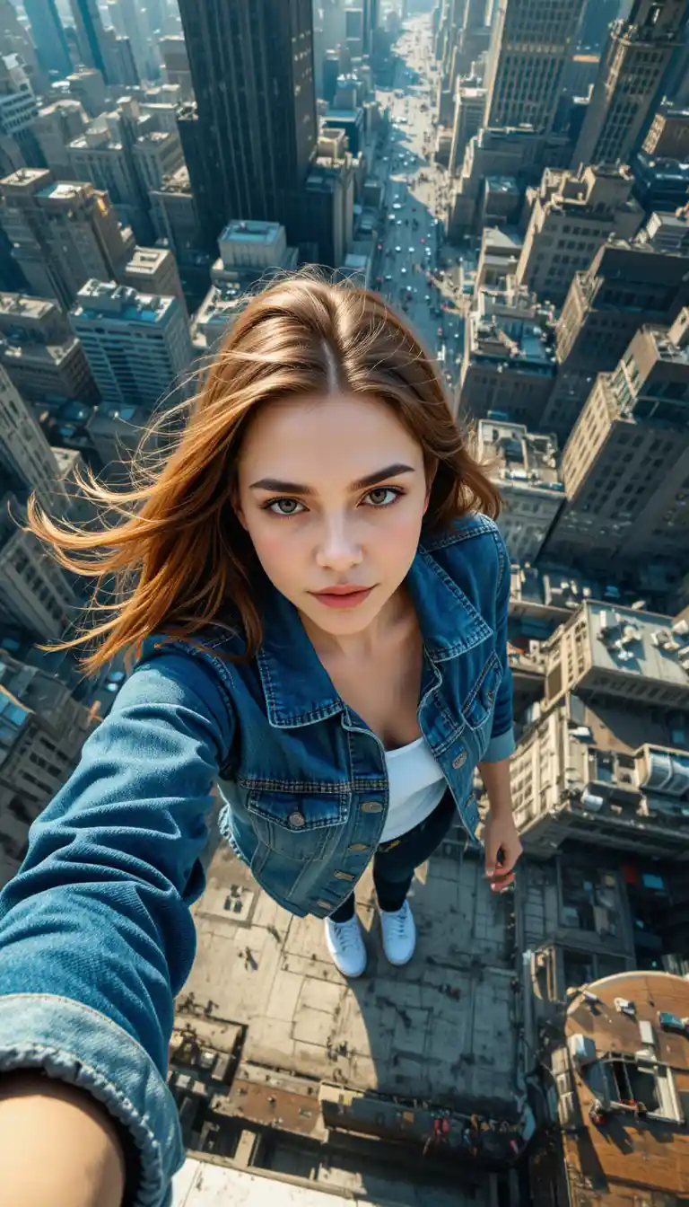 Young woman taking a daring selfie on a city rooftop