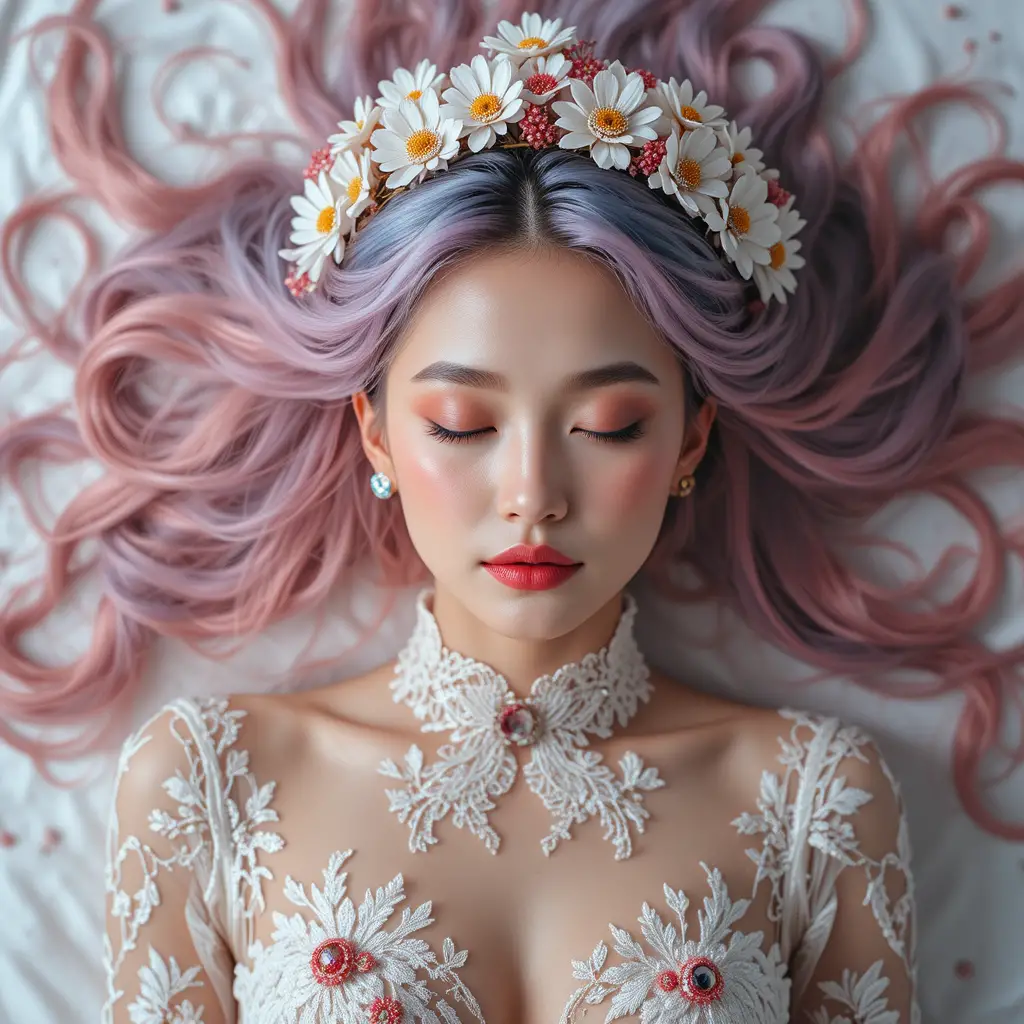 從上俯視的粉彩髮色恬靜女子肖像