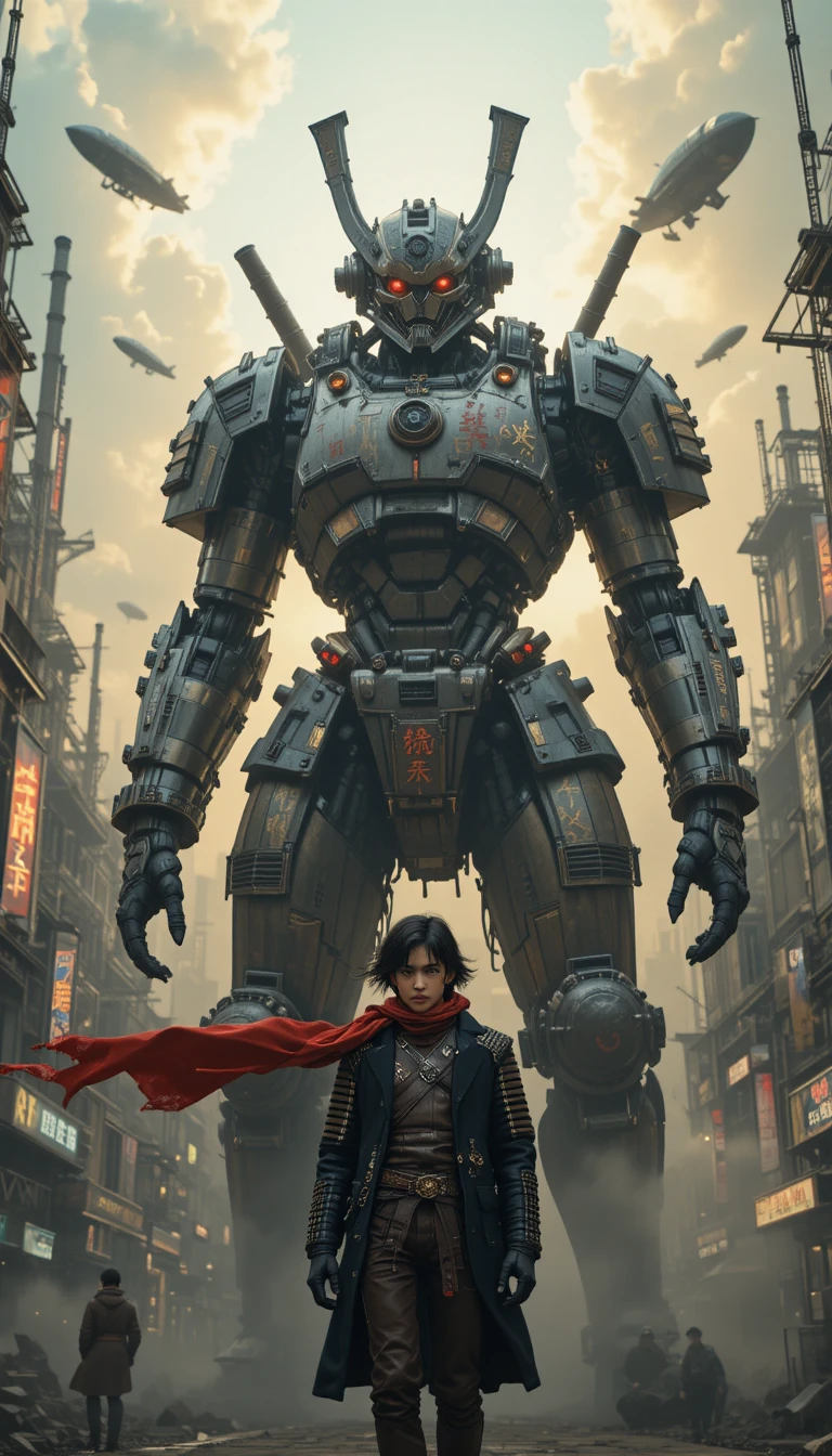 Colossal samurai mecha towers over pilot in smoky city