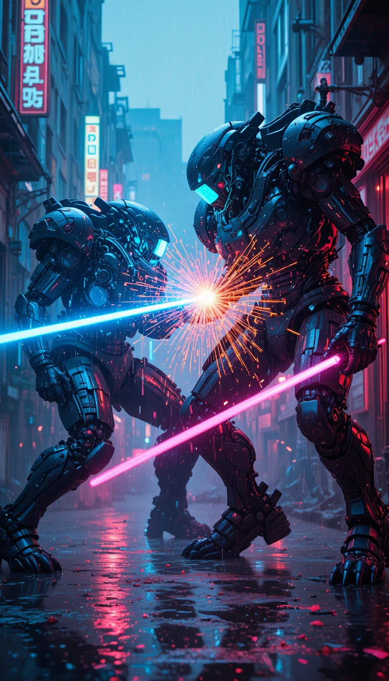 Cyberpunk mecha duel in a neon drenched alleyway