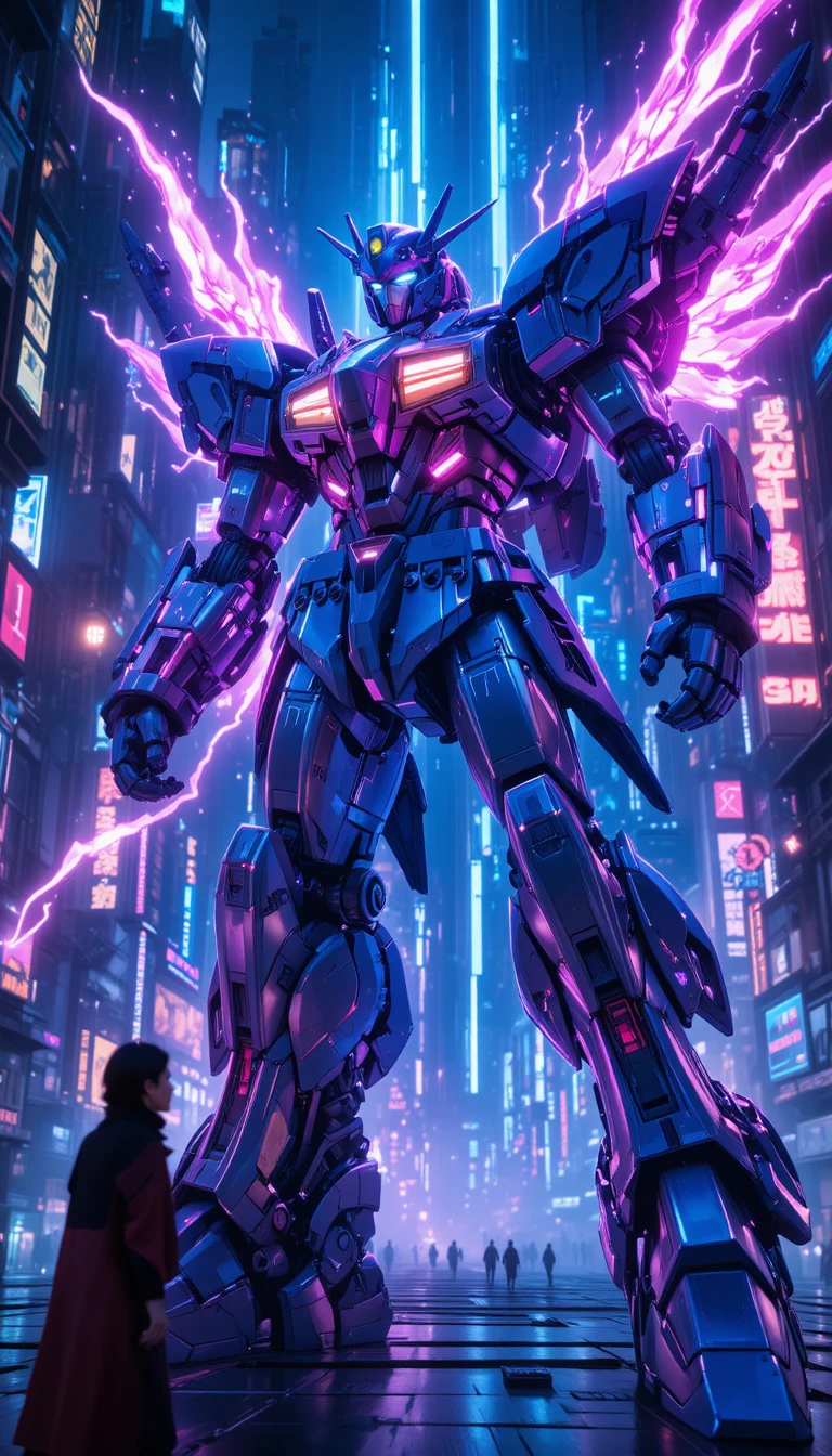 Giant anime mecha transforming from jet in neon city