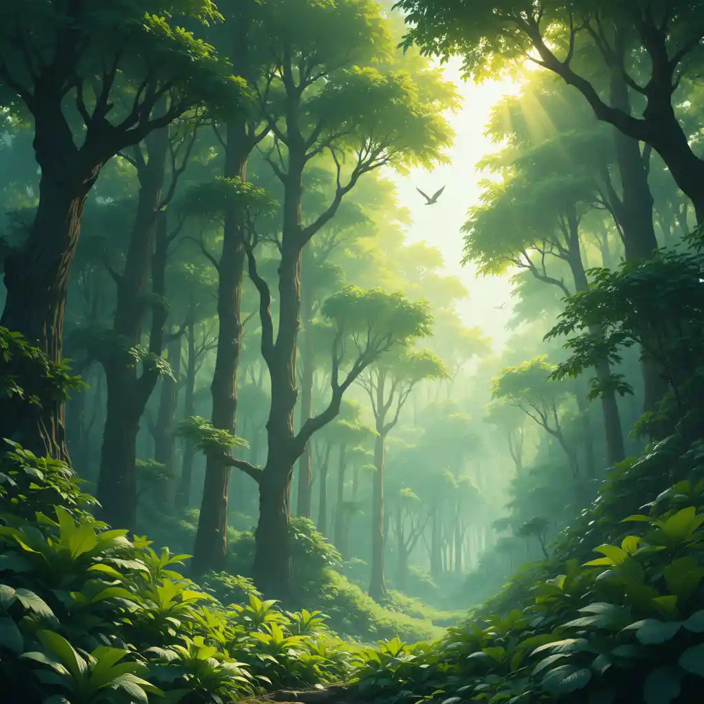 Sunlit jungle with tall green trees and flying birds