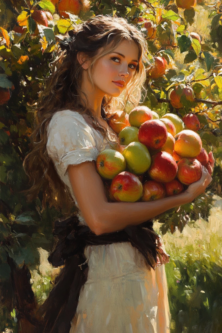 Woman carrying apples in a sunlit autumn orchard