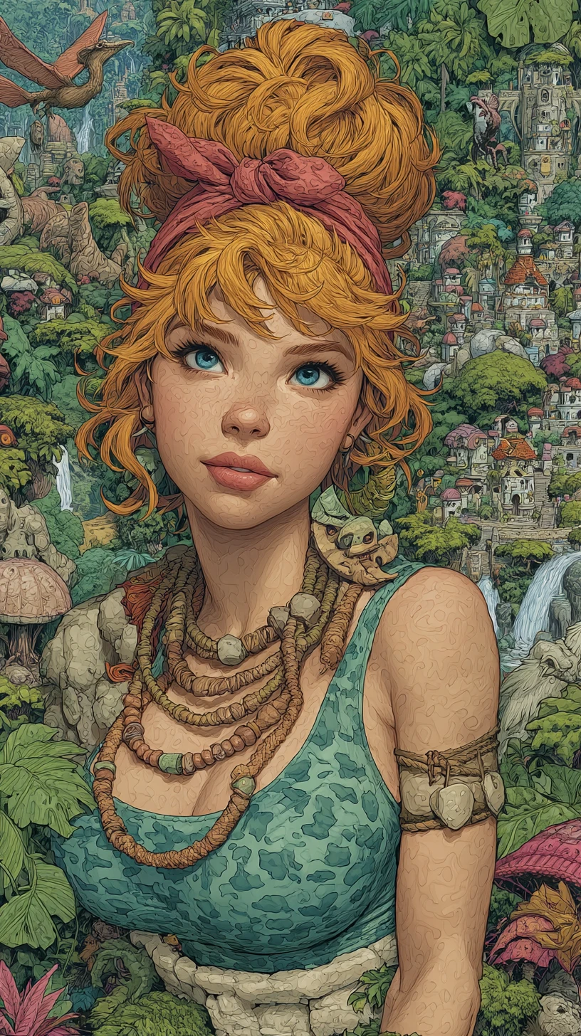 Playful prehistoric woman in a colorful fantasy landscape