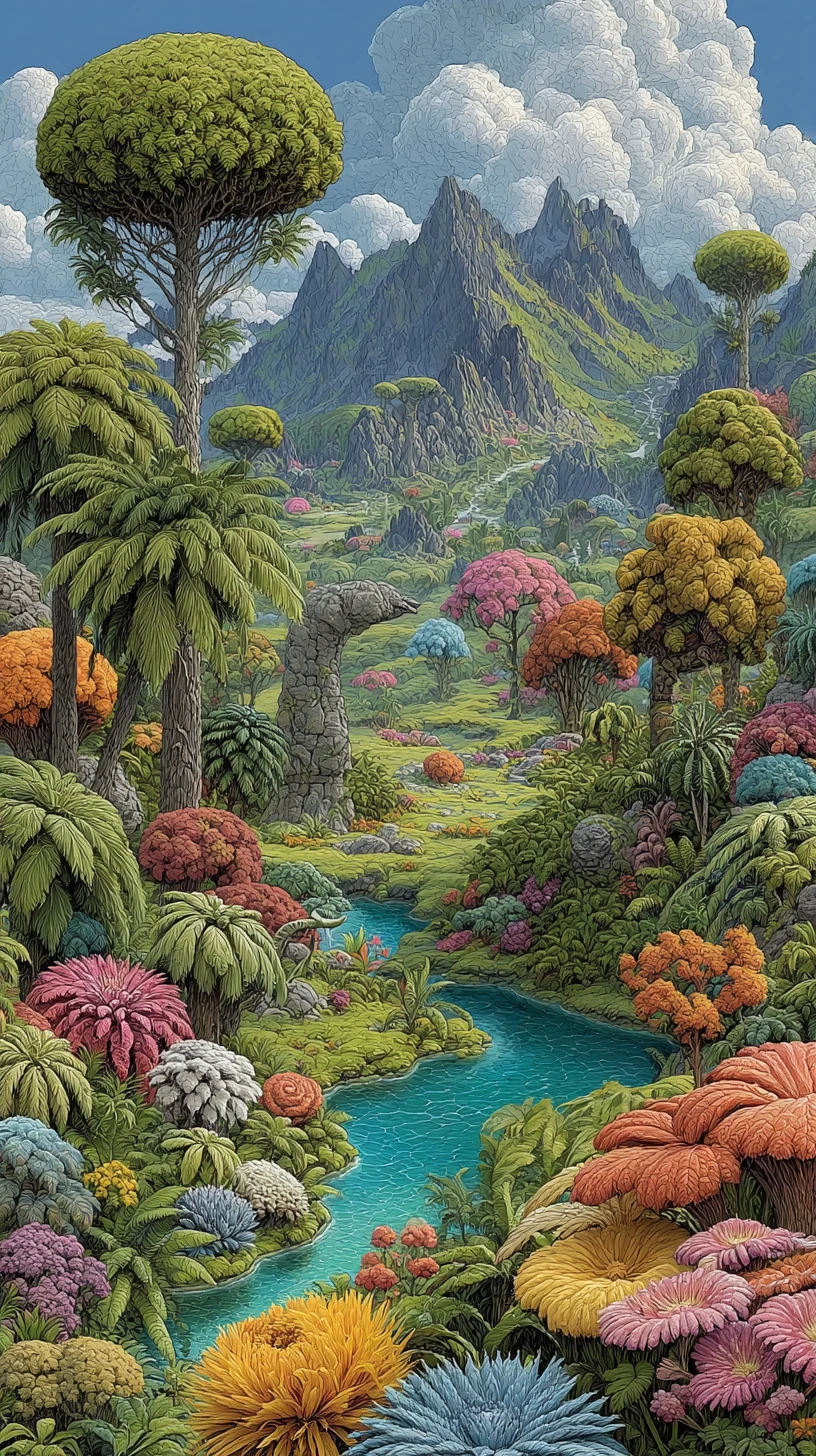 Mujer prehistórica juguetona en ilustración de fantasía colorida