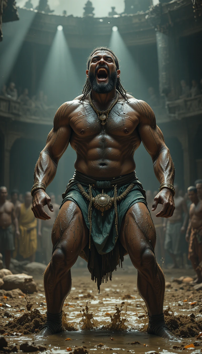 Muscular wrestler roaring in an ancient mud wrestling ring