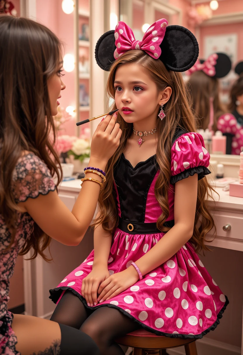 Nervous tween boy dressed as Minnie Mouse at vanity