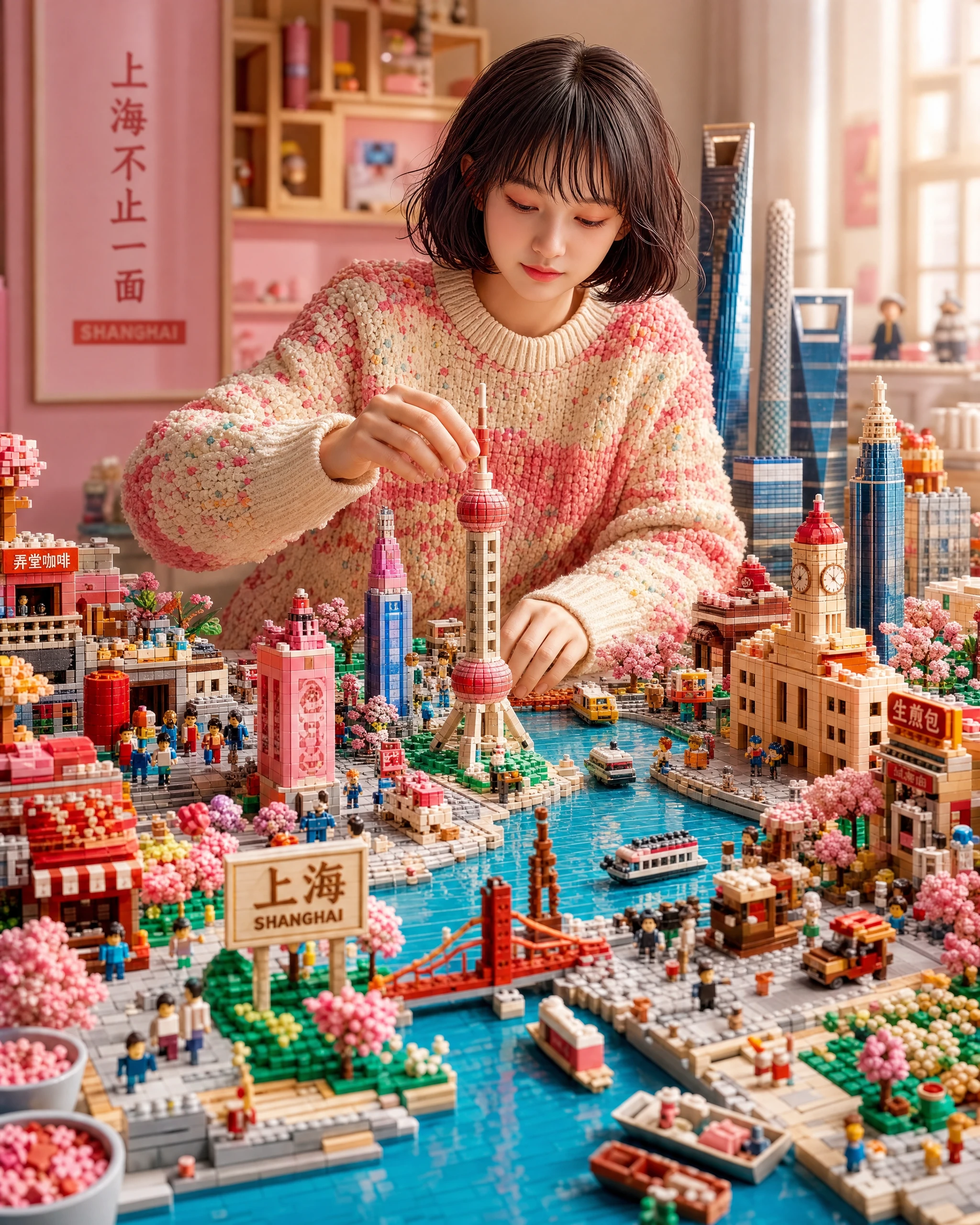 Mujer construyendo un diorama de Shanghái con Lego en una acogedora mesa de manualidades