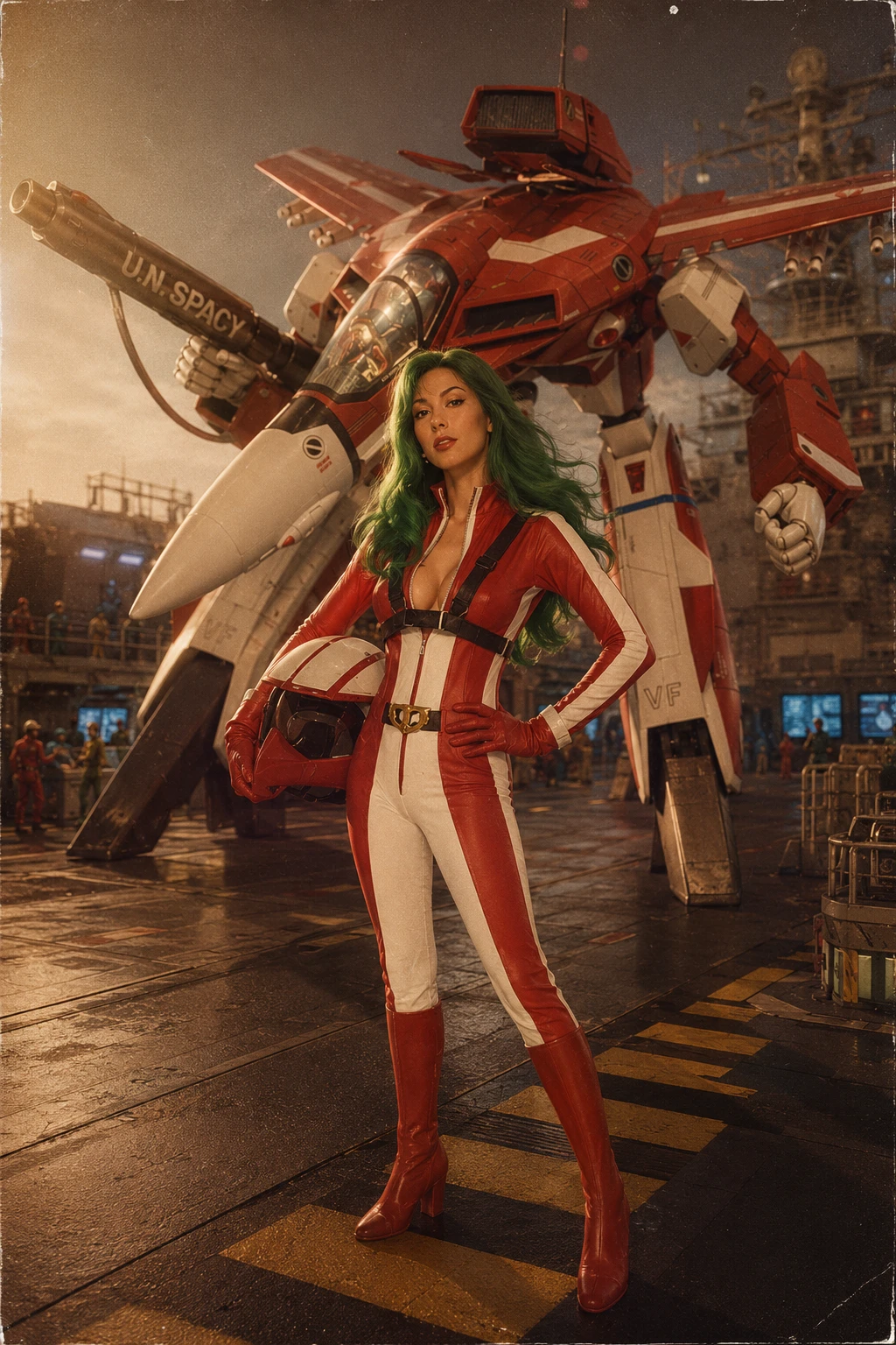 Green haired pilot posing on a sci fi flight deck