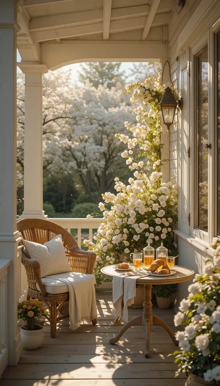 Veranda romantica di casa di campagna immersa nella soffice luce del mattino