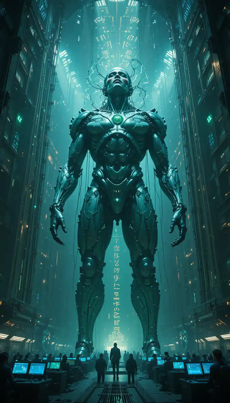 Colossal Biomechanical Titan In Cathedral Like Sci Fi Hangar