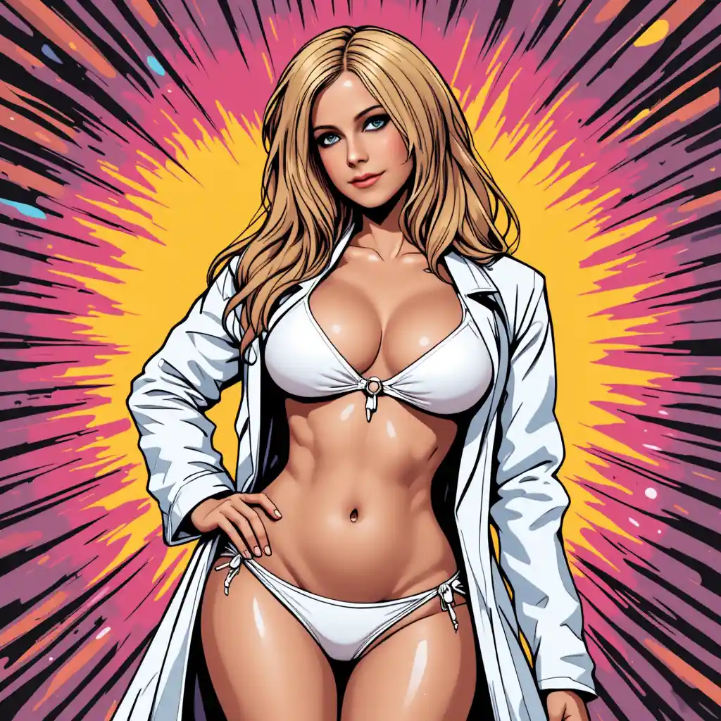 Curvy woman in white bikini and lab coat comic pose