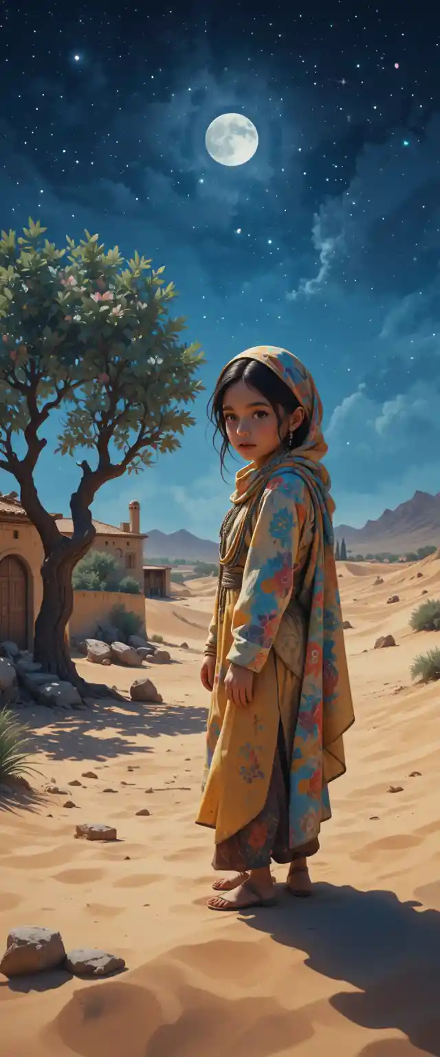Lonely desert boy in stylized 3D illustration at night