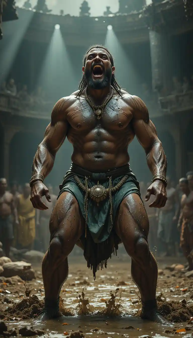 Muscular wrestler roaring in an ancient mud wrestling ring