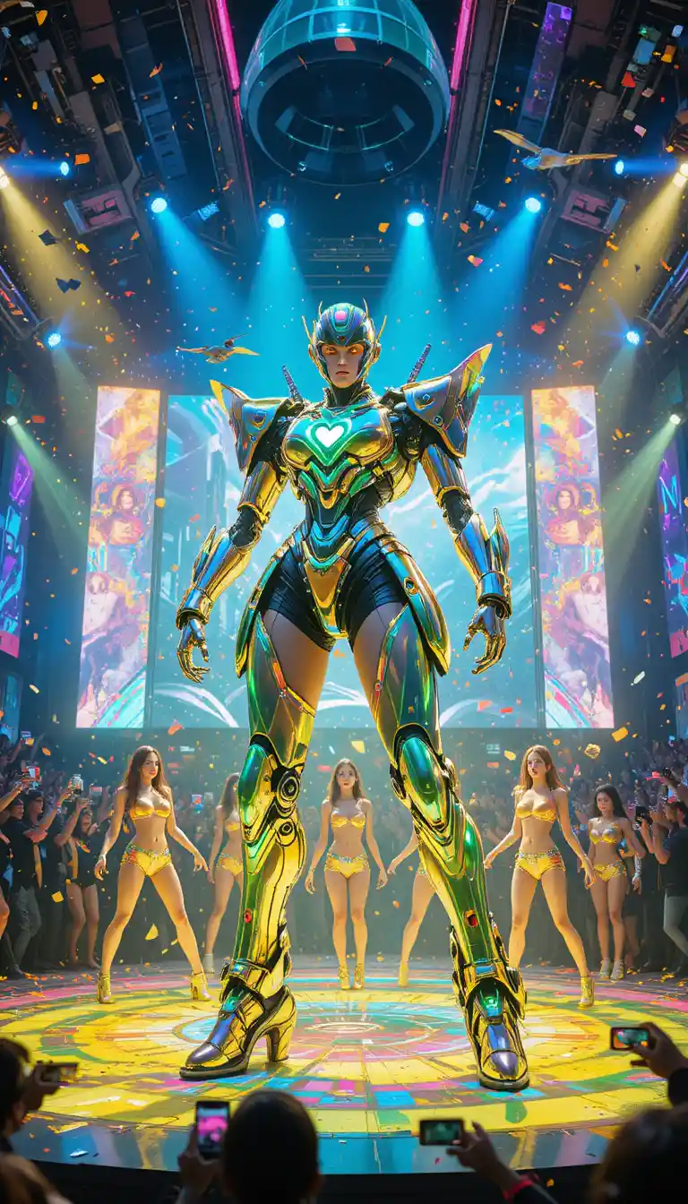 Futuristic mecha idol performing on neon holographic stage