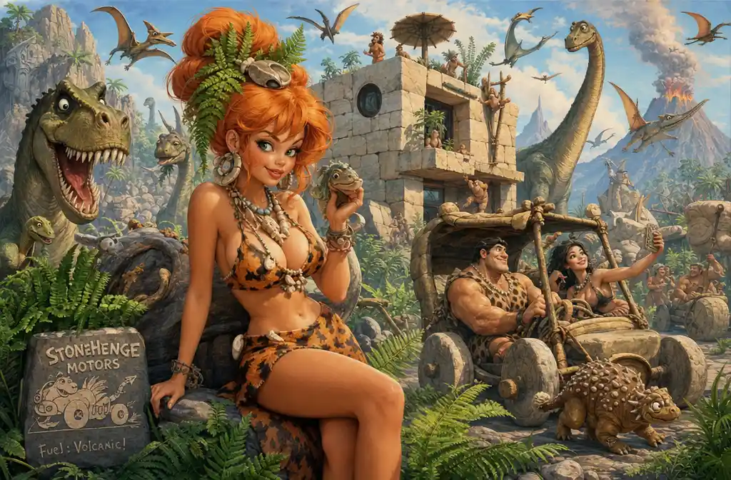 Playful prehistoric woman in colorful fantasy illustration