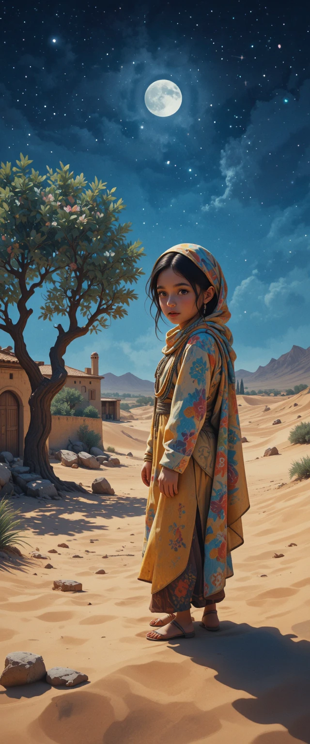 Lonely desert boy in stylized 3D illustration at night