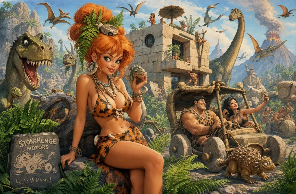 Playful prehistoric woman in colorful fantasy illustration