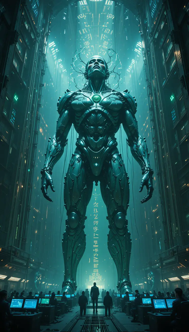 Kolossaler biomechanischer Titan in kathedralenähnlichem Sci‑Fi-Hangar