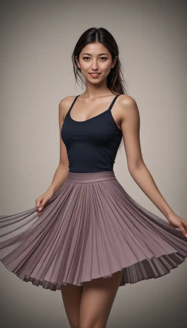 Smiling woman spinning as her pleated skirt flares out