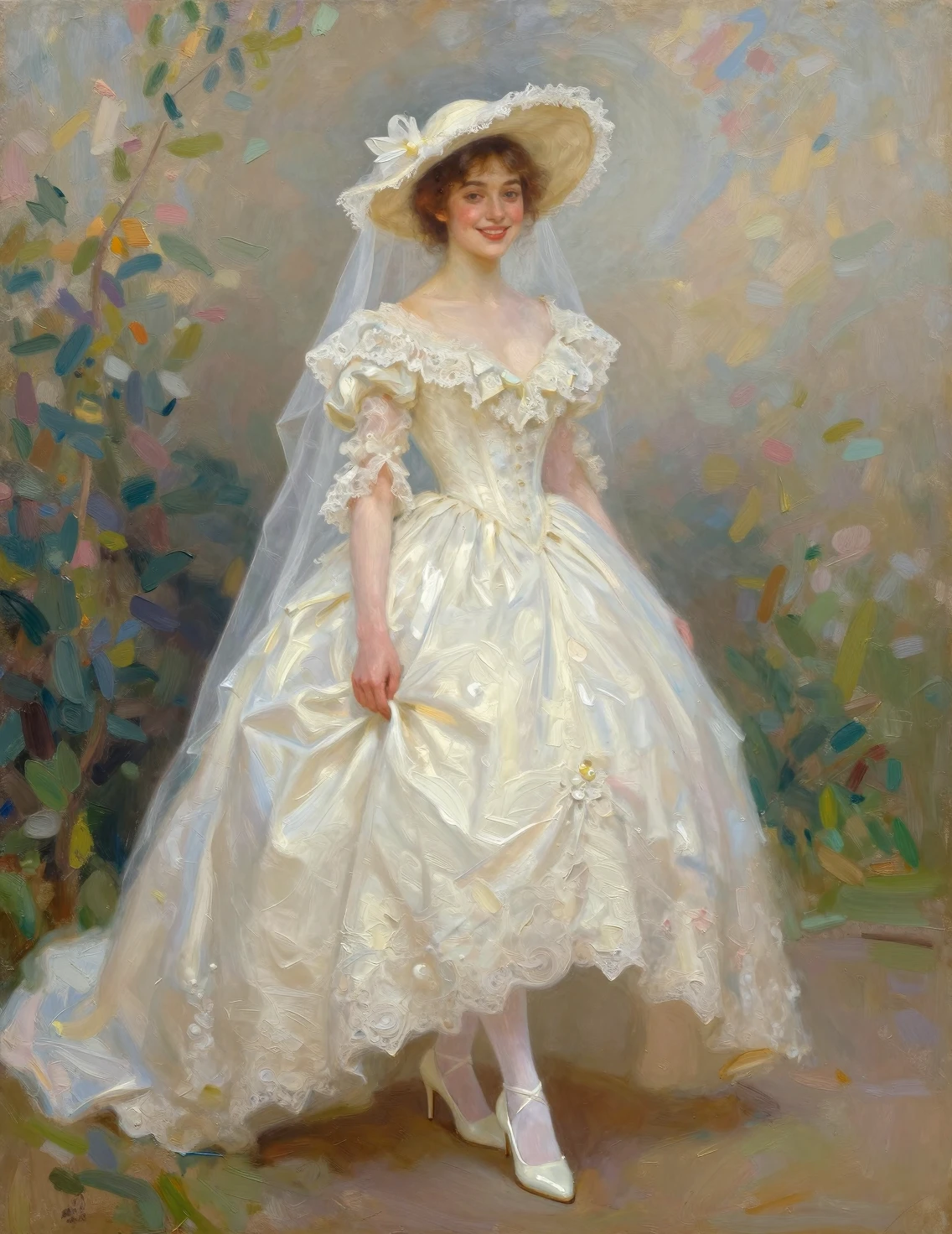 Impressionist oil painting of a smiling bride in white