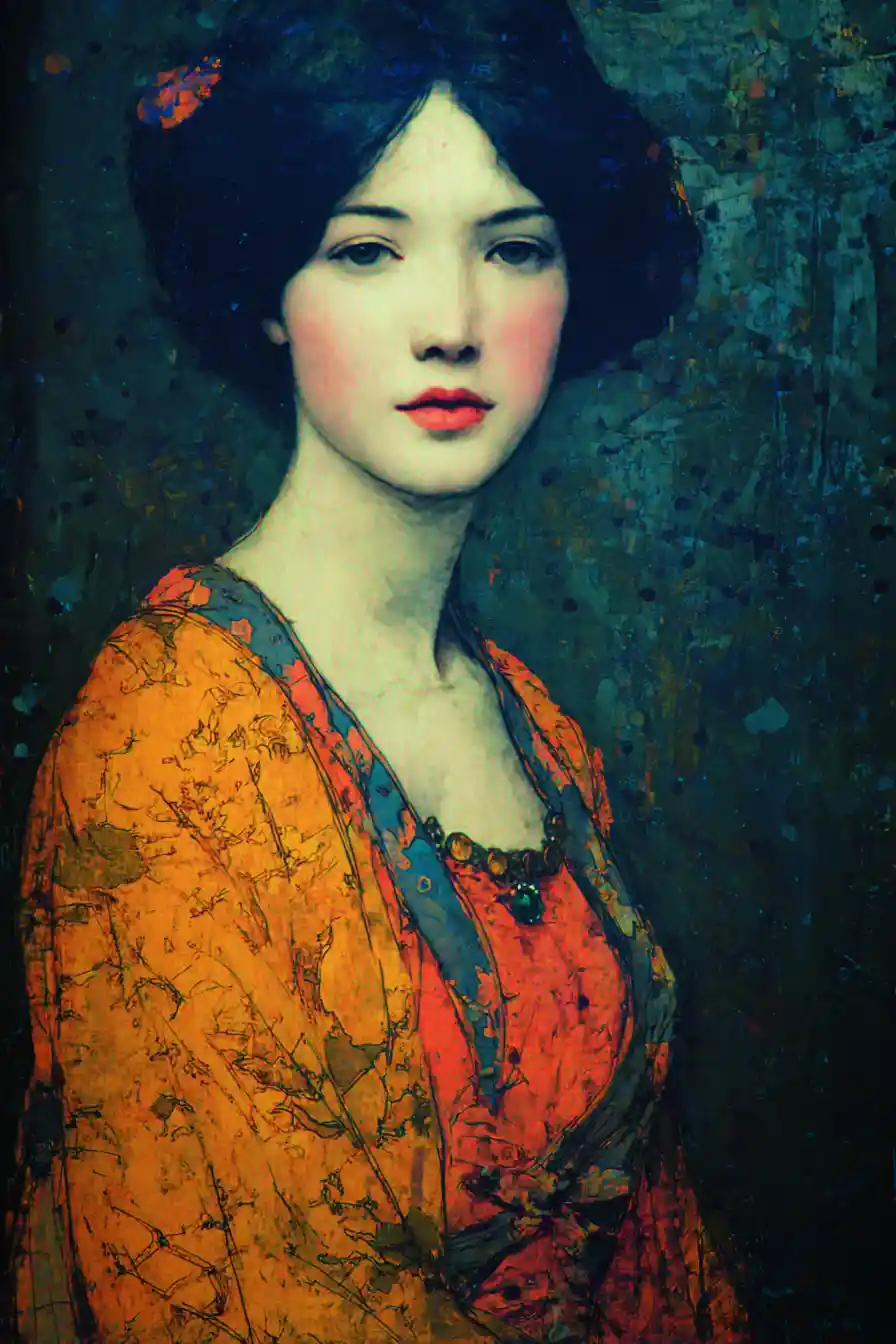 Mature woman portrait with rich golden and indigo tones