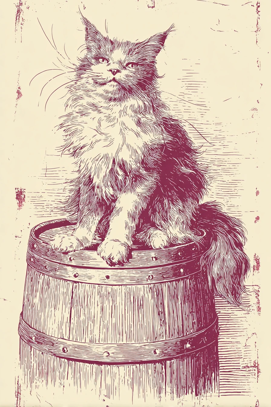 Dibujo vintage a tinta de un gato descarado sobre un barril