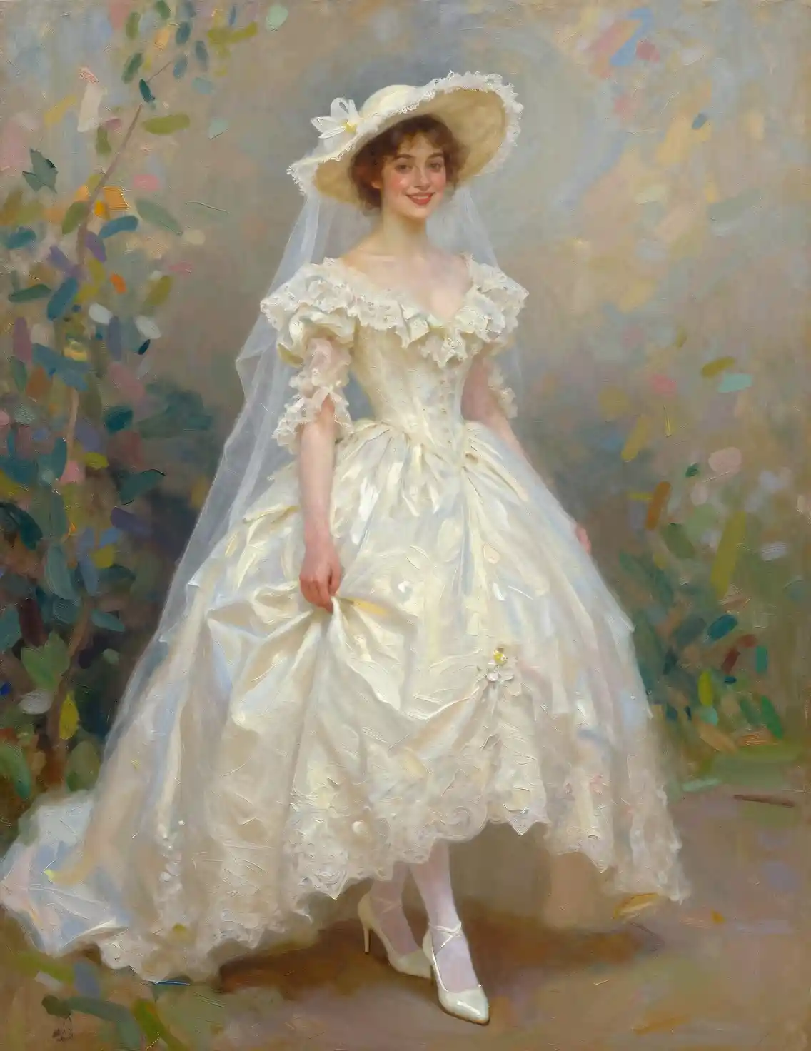 Impressionist oil painting of a smiling bride in white