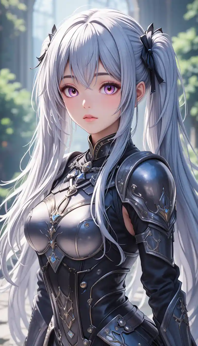 Silberhaariges Anime-Mädchen im prunkvollen Fantasy-Rüstungs-Porträt