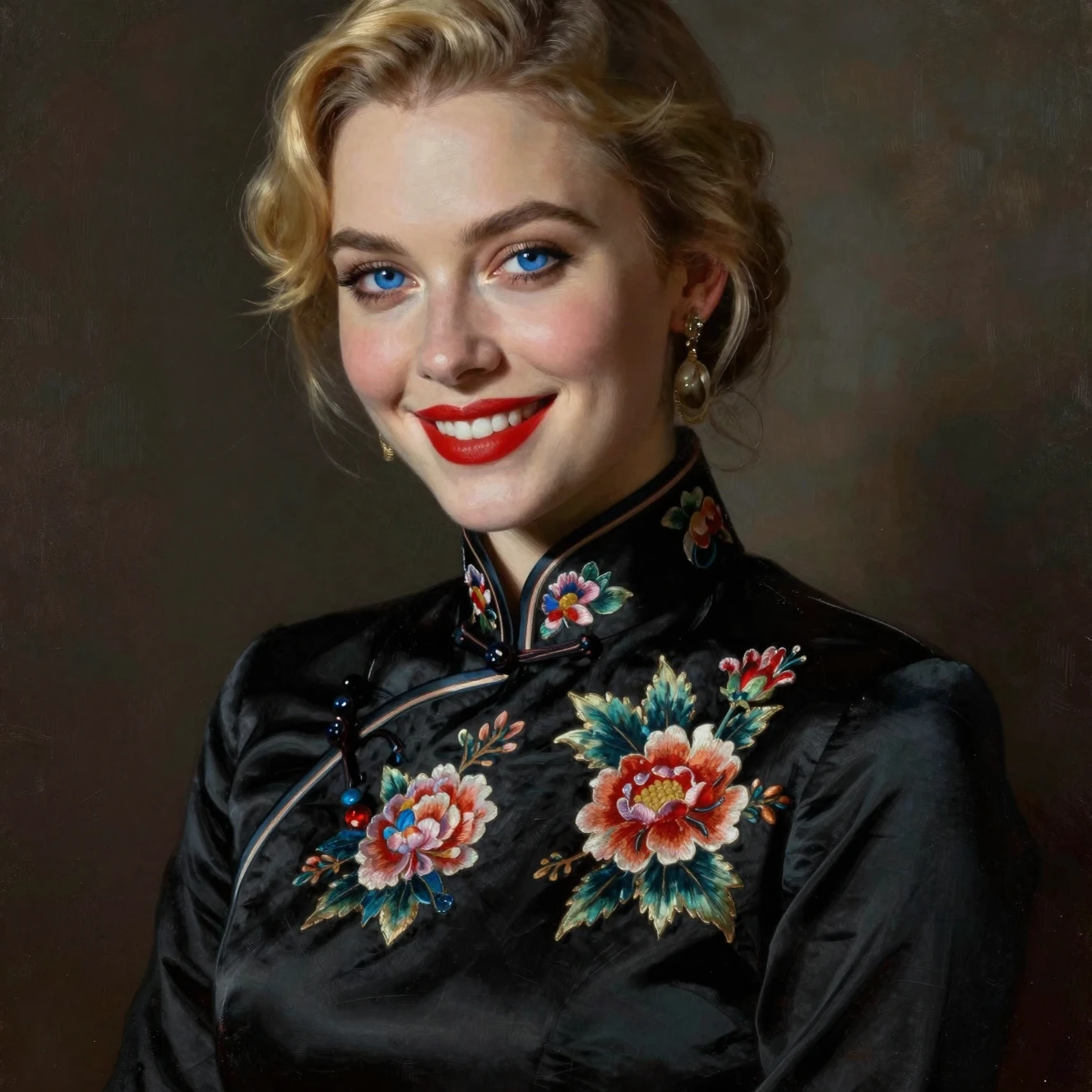 Elegant woman in black silk cheongsam with blue eyes