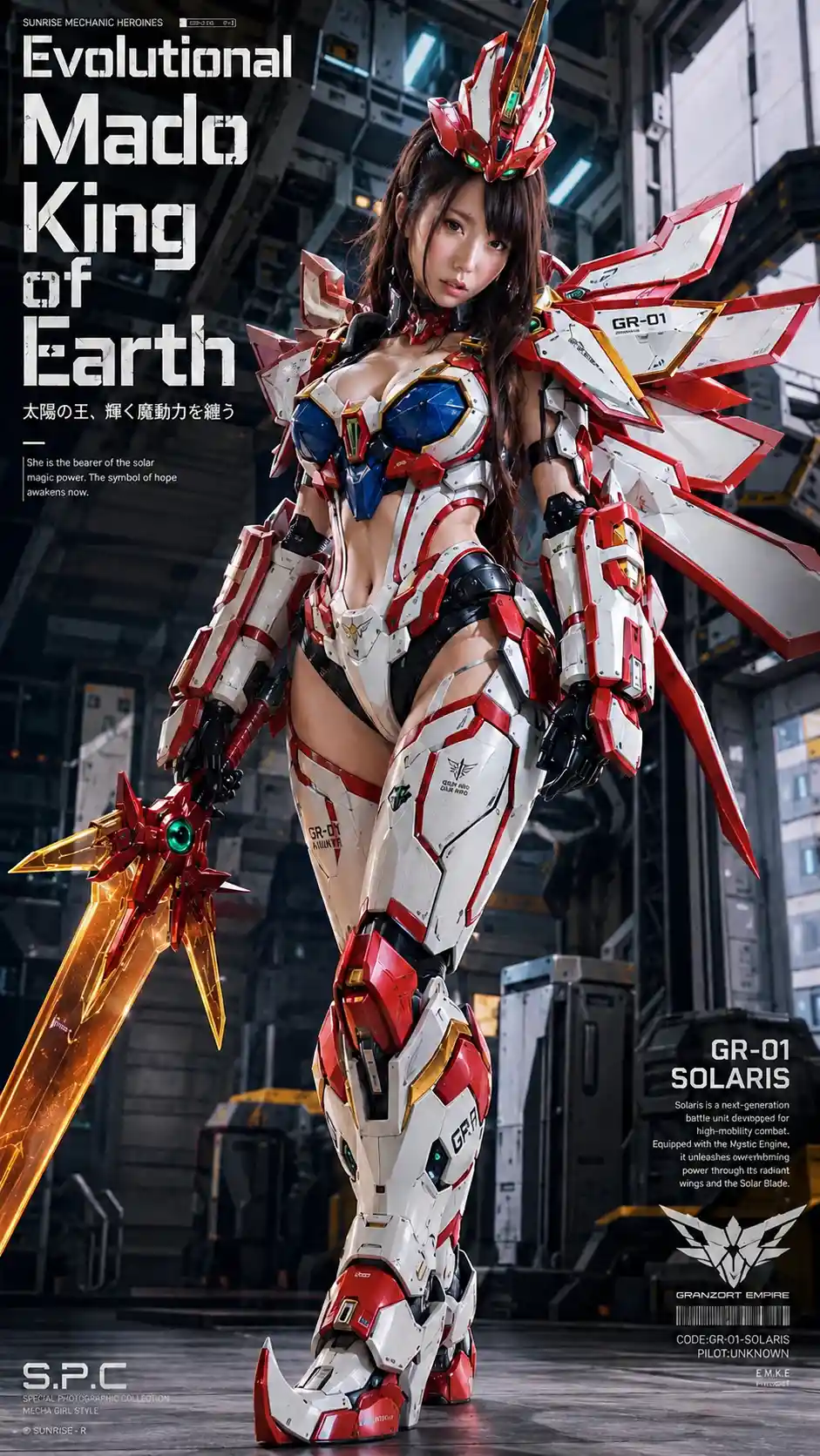 Futuristic mecha suited woman in a cinematic city scene